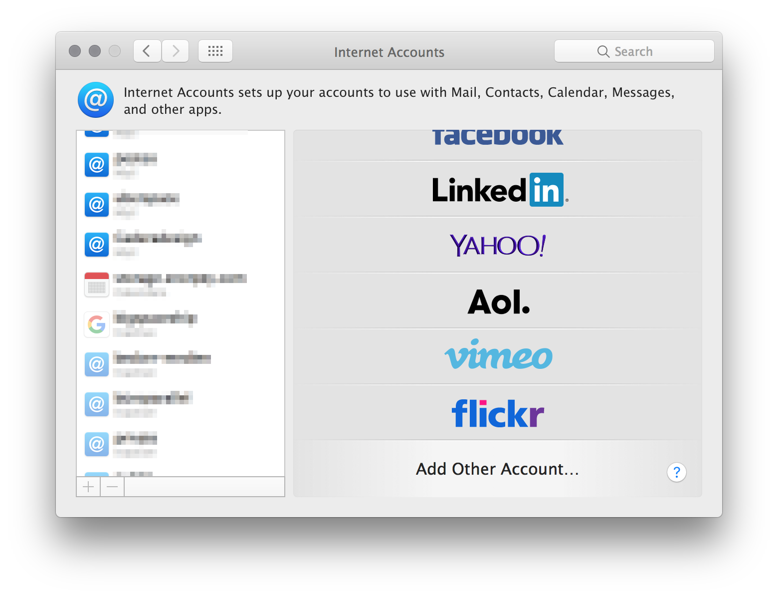 Screenshot of the MacOS internet accounts settings panel