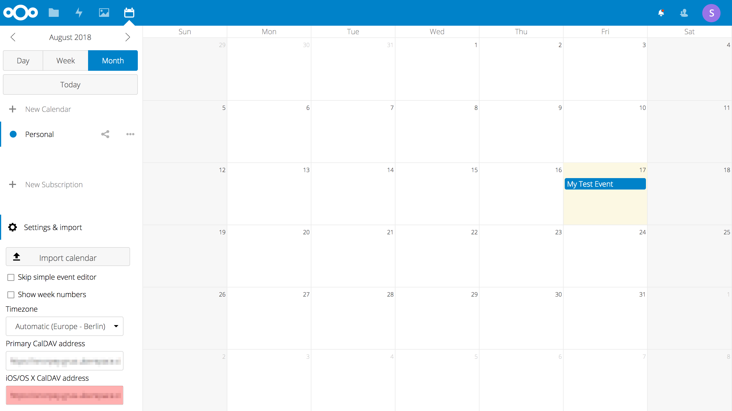 Screenshot der NextCloud-Kalender-App mit hervorgehobenen CalDAV-Einstellungen