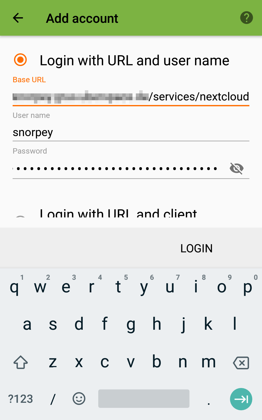 Screenshot of an Android app for creating a CalDAV account