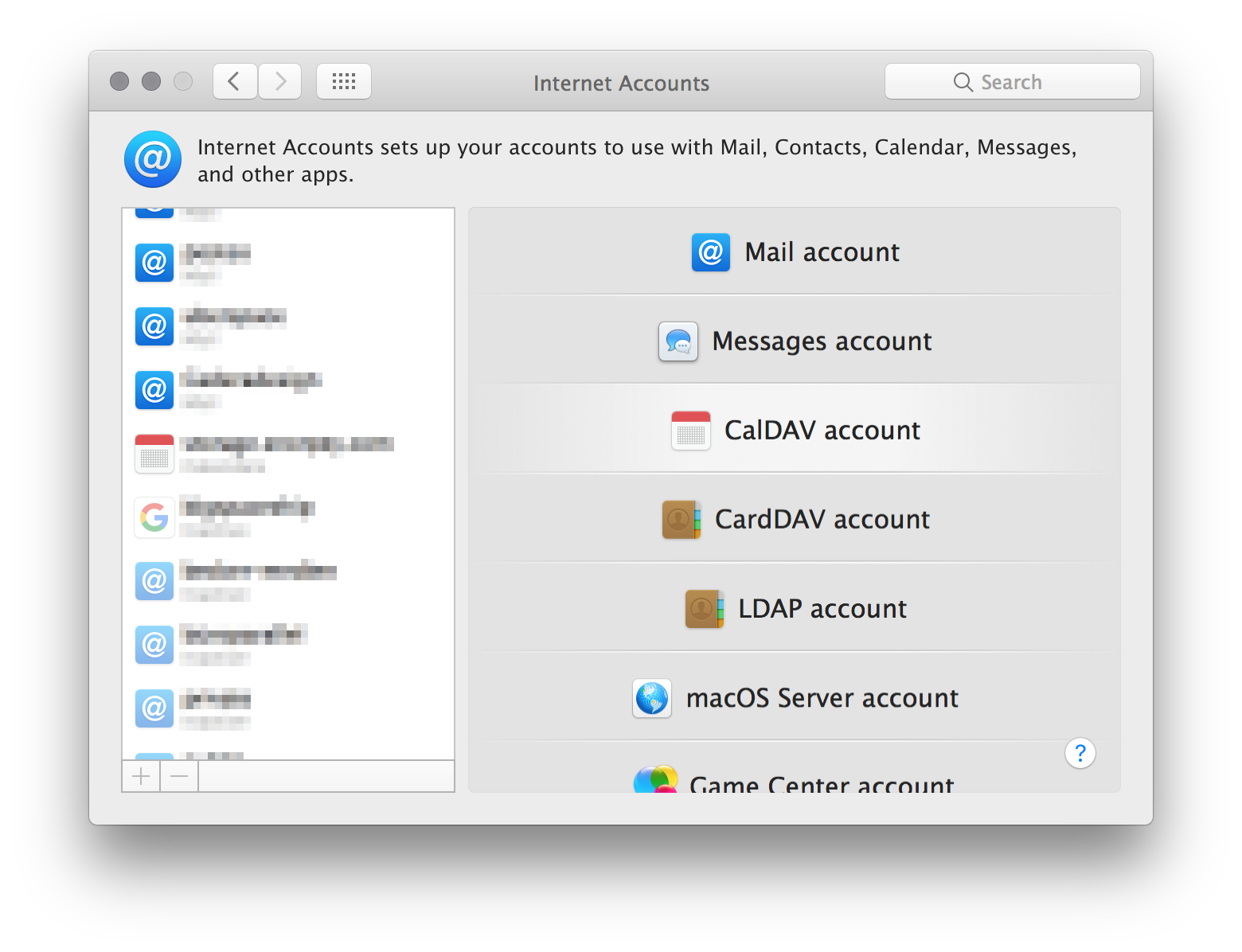 Screenshot of the MacOS internet accounts settings panel with CalDAV option highlighted