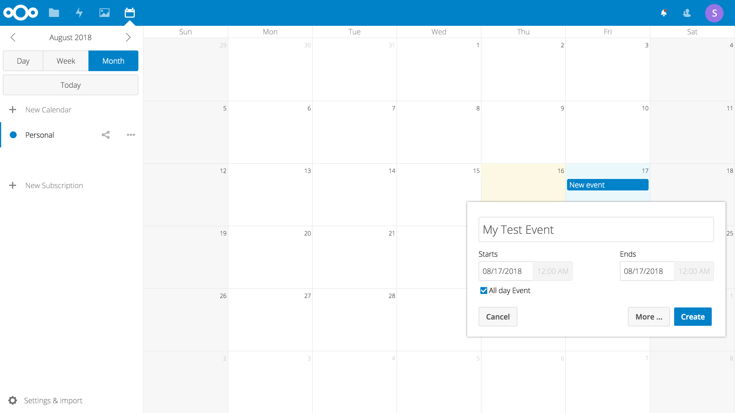 Screenshot of the NextCloud calendar app with an open dialog for editing an event
