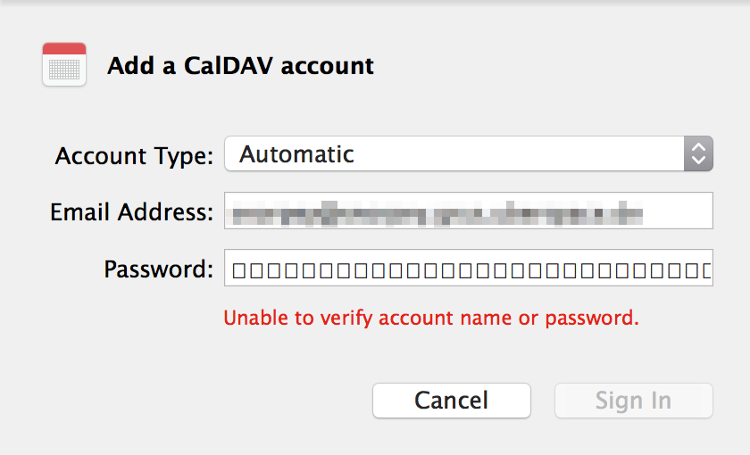 Screenshot of a MacOS popup titled 'Add a CalDAV Account' with input fields for account type, email address and password