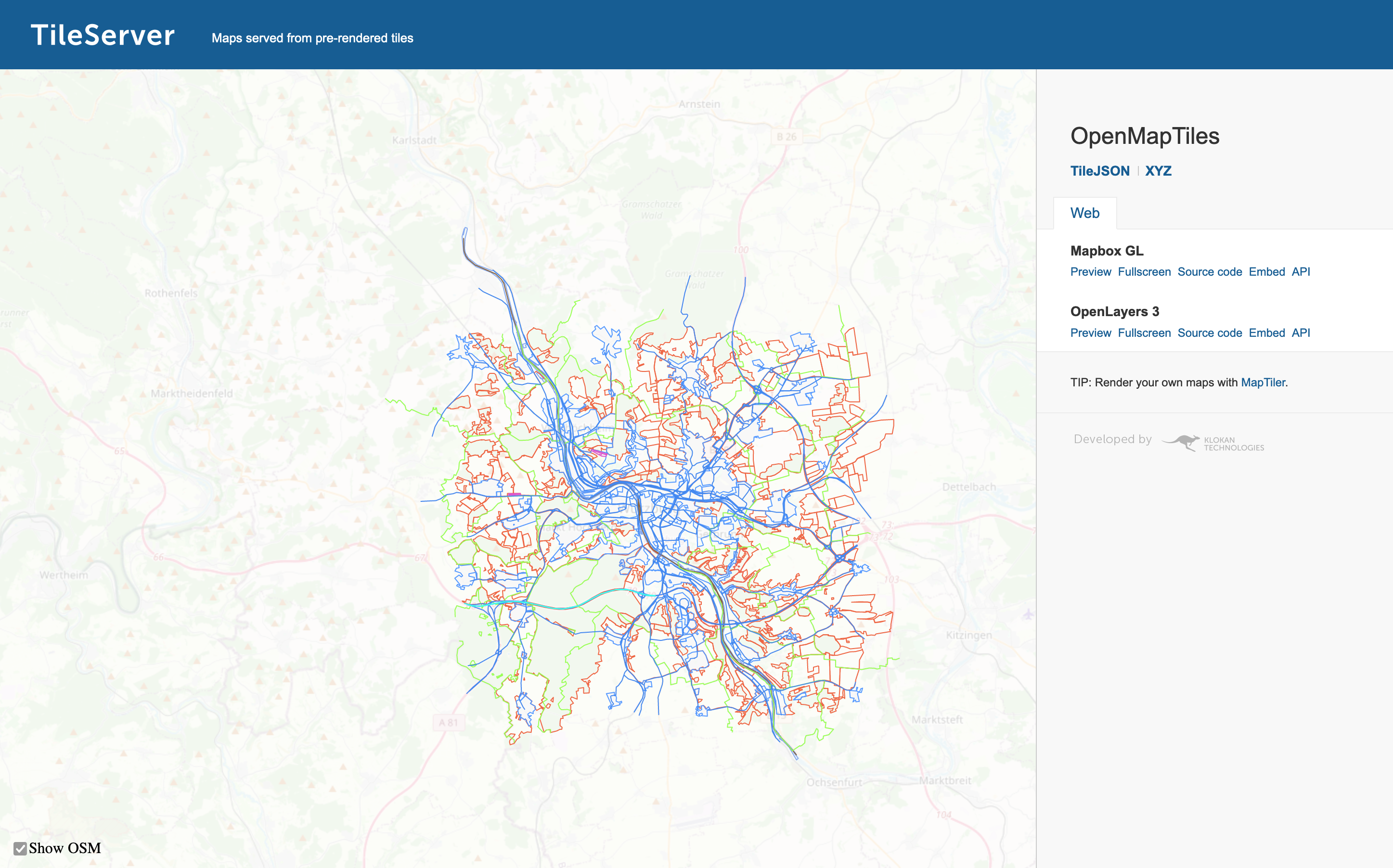 The tileserver interface showing a map populated with OpenStreetMap data