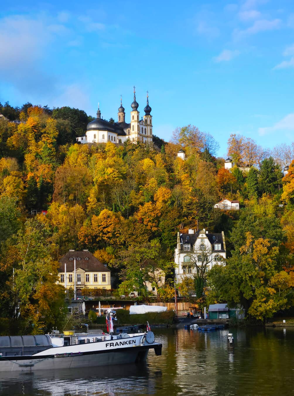 Main river and Käppele church in autumn, in Würzburg, Germany